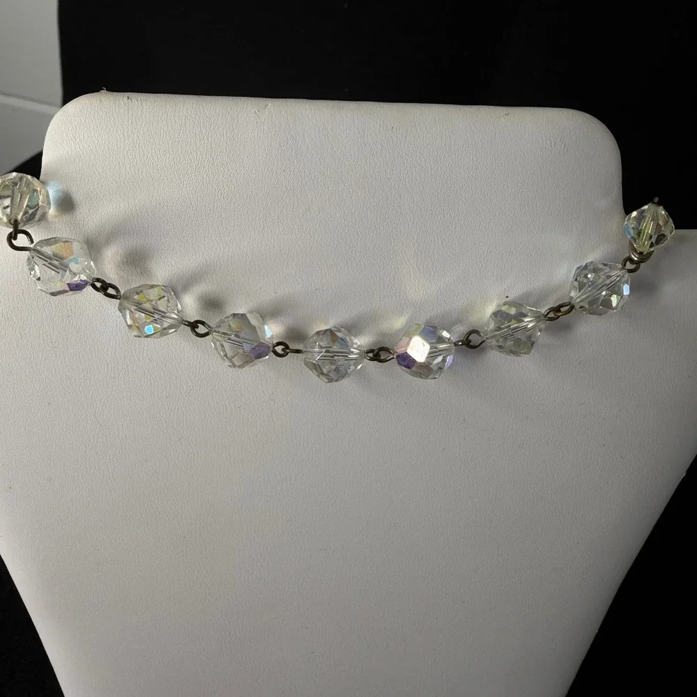 Vintage Aurora Borealis Clear Glass Bead Necklace Silver Tone Rhinestone Accents